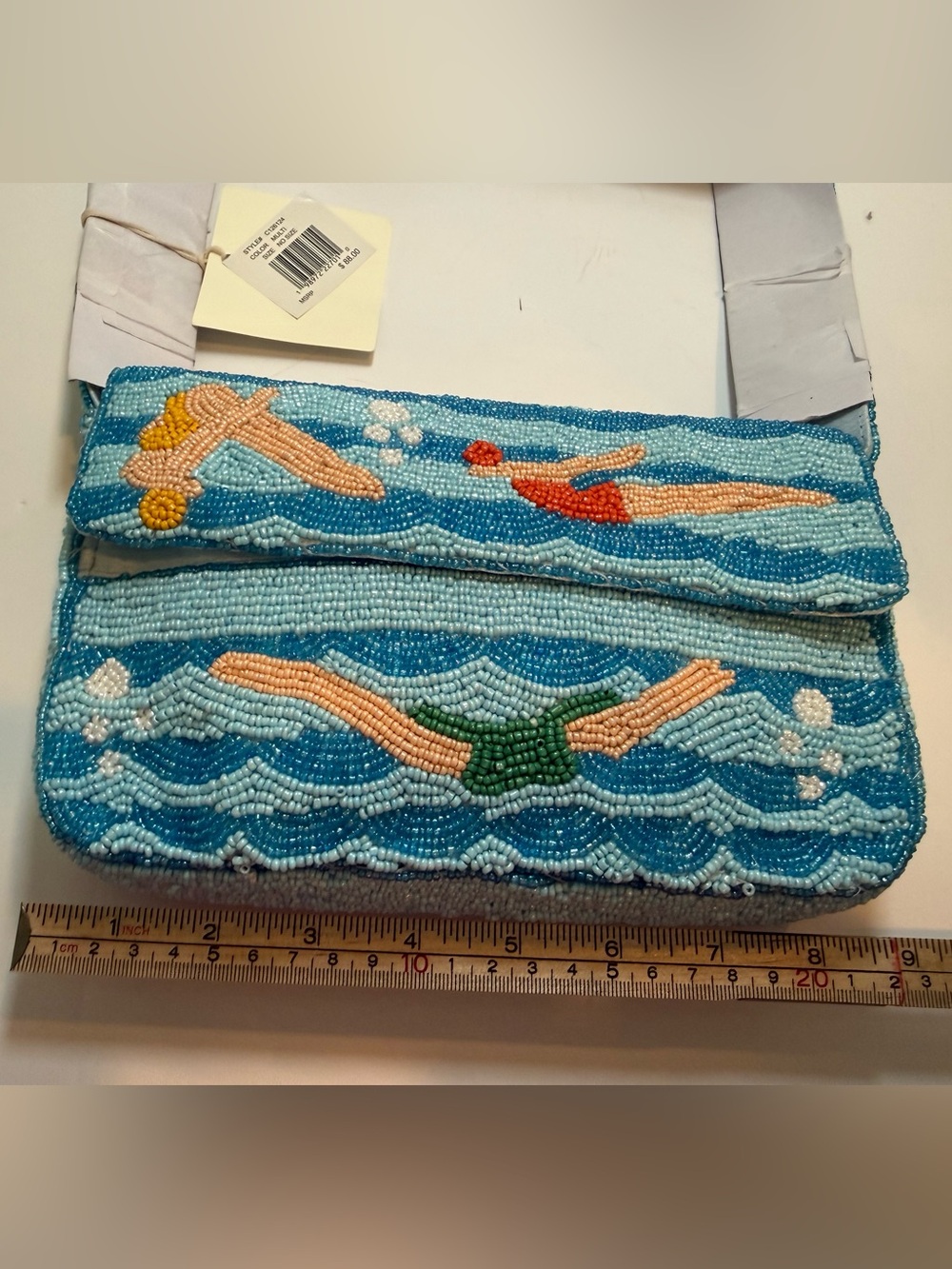 * Blue Beaded Shoulder Bag with Fun Waves & Swimmers Motif